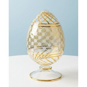 Vintage Crystal Egg w/Gold Detailing & Frosted Patterns Pedestal Stand